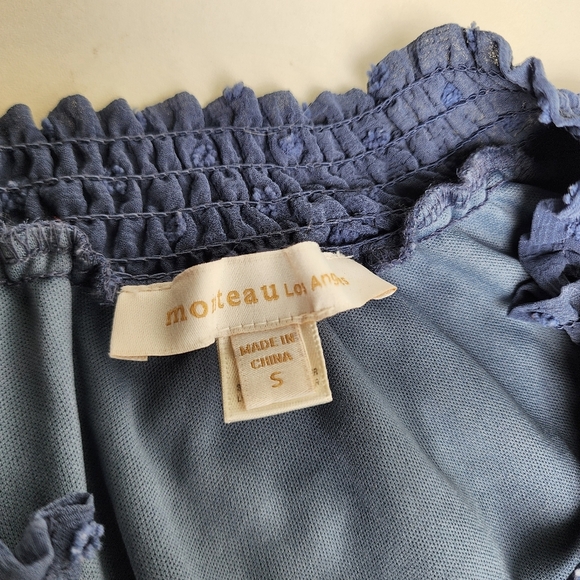 Monteau Women's Blue Swiss Dot Dress Fit Flare Ruffled Short Sleeve Sz S - Picture 8 of 13